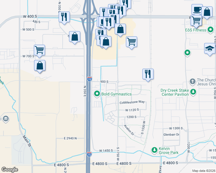 map of restaurants, bars, coffee shops, grocery stores, and more near 1821 South Stonehedge Way in Springville