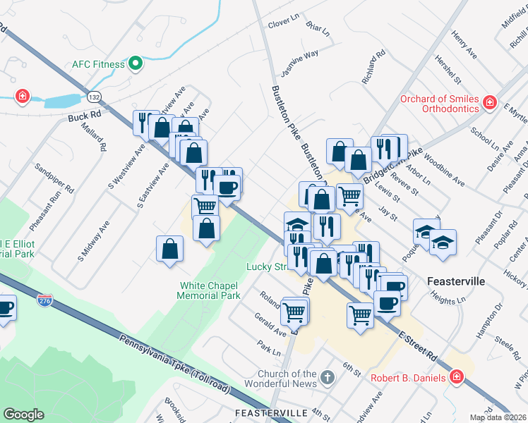 map of restaurants, bars, coffee shops, grocery stores, and more near 1014 Hoover Avenue in Feasterville-Trevose