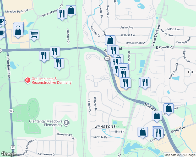 map of restaurants, bars, coffee shops, grocery stores, and more near 1057 Bayridge Drive in Lewis Center
