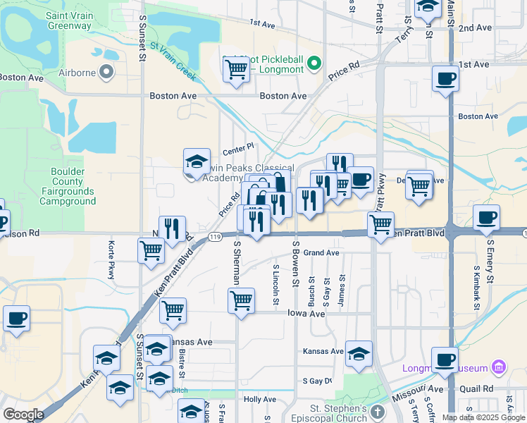 map of restaurants, bars, coffee shops, grocery stores, and more near 1265 Ken Pratt Boulevard in Longmont