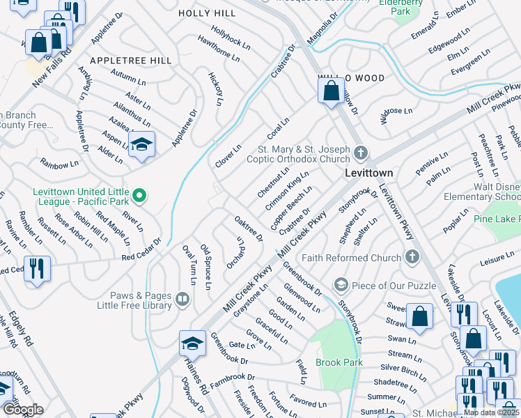 map of restaurants, bars, coffee shops, grocery stores, and more near 5 Crimson King Lane in Levittown