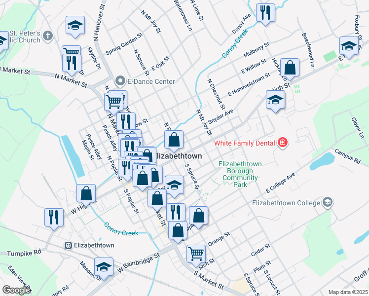 map of restaurants, bars, coffee shops, grocery stores, and more near 215 East High Street in Elizabethtown