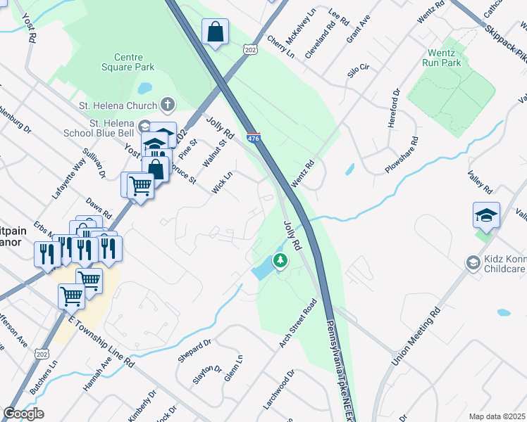 map of restaurants, bars, coffee shops, grocery stores, and more near 904 Meadow Drive in Blue Bell