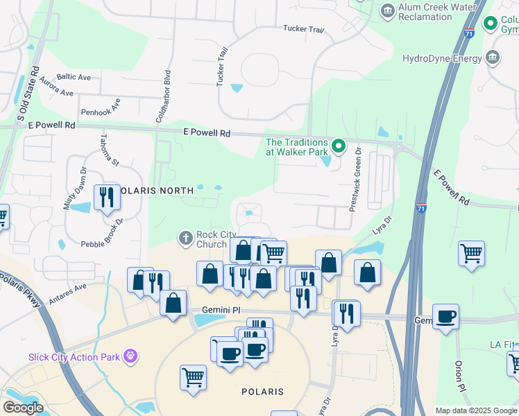 map of restaurants, bars, coffee shops, grocery stores, and more near 9103 Scenic View Circle in Columbus