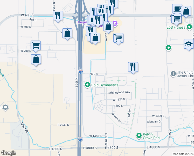 map of restaurants, bars, coffee shops, grocery stores, and more near 1821 South Stonehedge Way in Springville