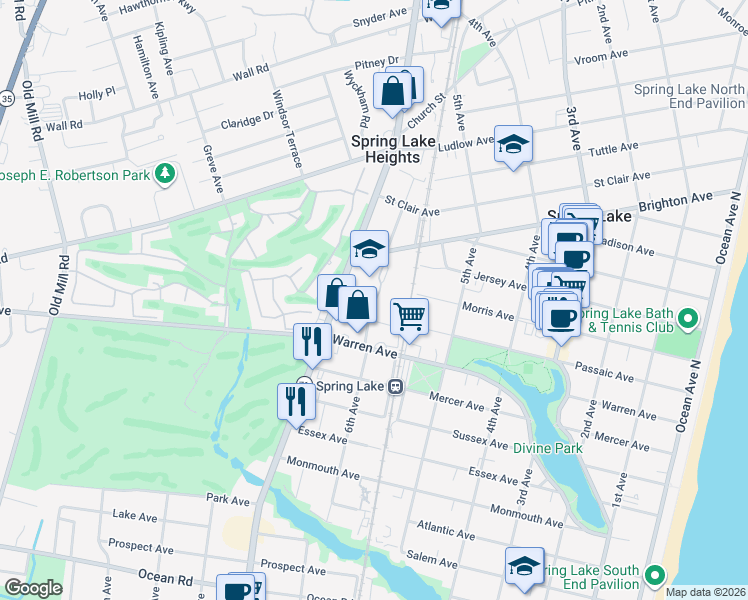 map of restaurants, bars, coffee shops, grocery stores, and more near 555 Brighton Avenue in Spring Lake
