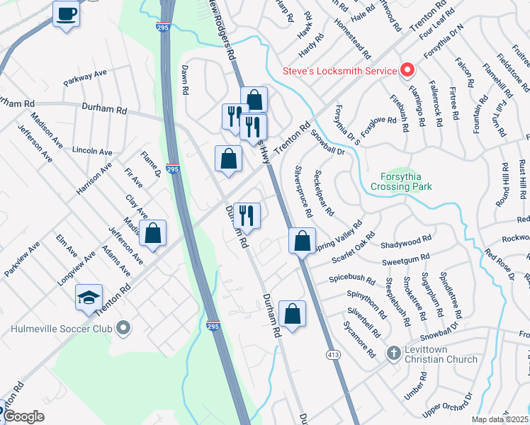 map of restaurants, bars, coffee shops, grocery stores, and more near 30 Bellaire Drive in Langhorne