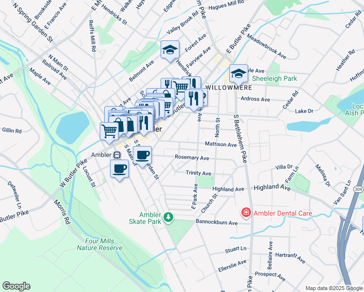 map of restaurants, bars, coffee shops, grocery stores, and more near 138 Mattison Avenue in Ambler