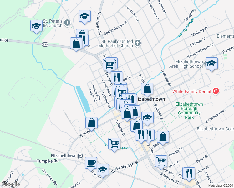 map of restaurants, bars, coffee shops, grocery stores, and more near 107 North Cherry Alley in Elizabethtown
