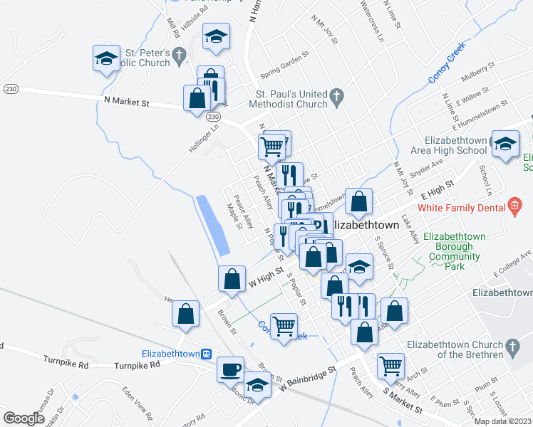map of restaurants, bars, coffee shops, grocery stores, and more near 130 North Market Street in Elizabethtown