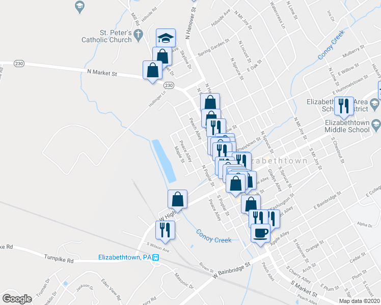 map of restaurants, bars, coffee shops, grocery stores, and more near 101-149 West Willow Street in Elizabethtown