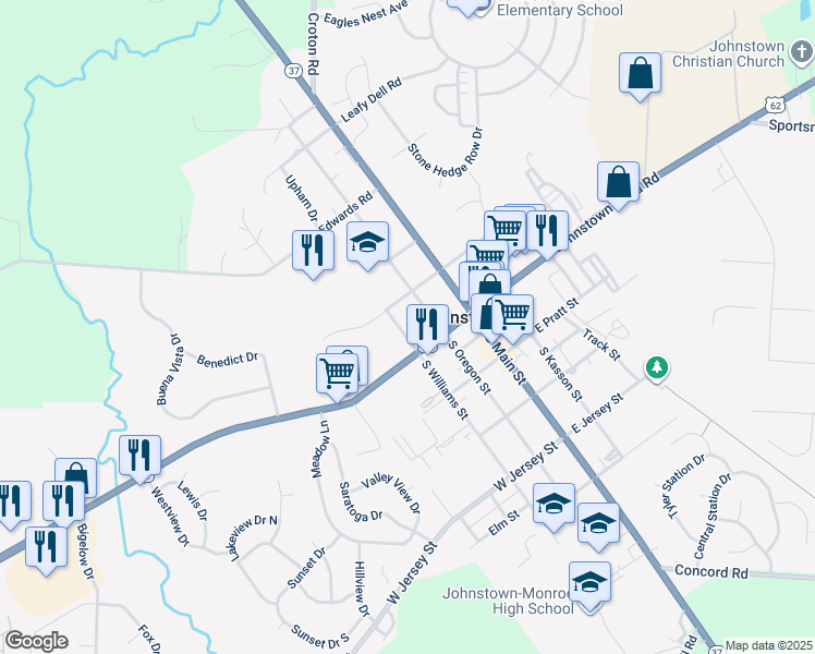 map of restaurants, bars, coffee shops, grocery stores, and more near 98 North Williams Street in Johnstown