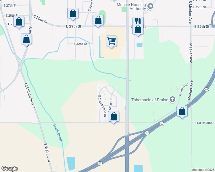 map of restaurants, bars, coffee shops, grocery stores, and more near 1512 East Jessica Lane in Muncie