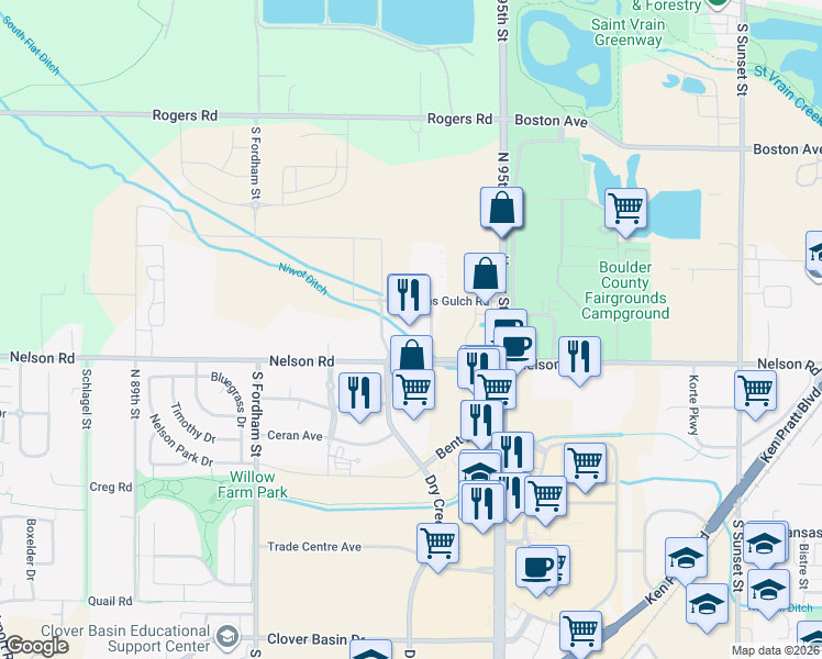 map of restaurants, bars, coffee shops, grocery stores, and more near 551 South Hover Road in Longmont