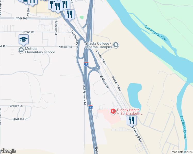map of restaurants, bars, coffee shops, grocery stores, and more near 8 John Sutter St in Red Bluff