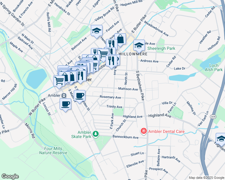 map of restaurants, bars, coffee shops, grocery stores, and more near 224 Mattison Avenue in Ambler
