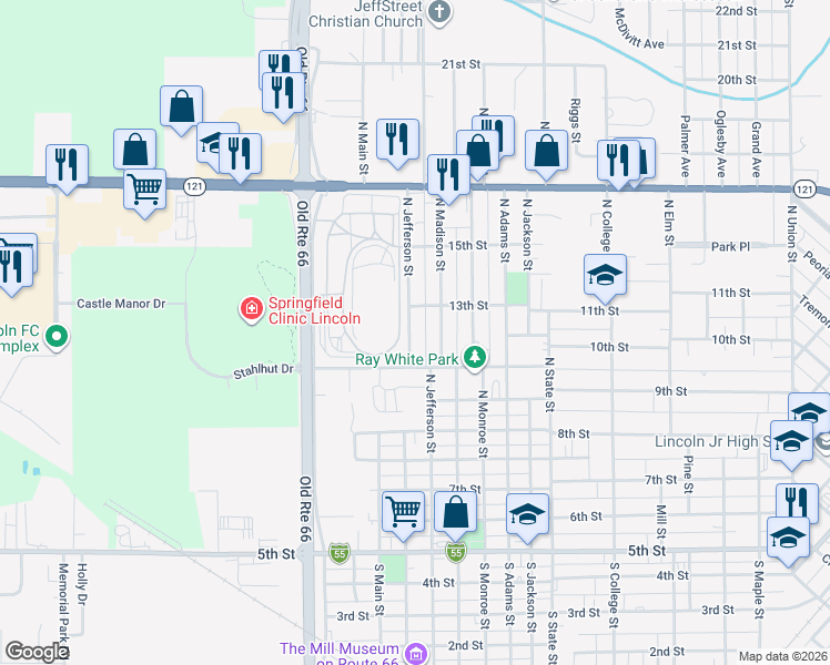 map of restaurants, bars, coffee shops, grocery stores, and more near 401-599 North Madison Street in Lincoln