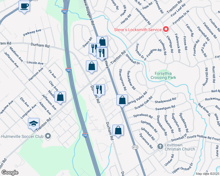 map of restaurants, bars, coffee shops, grocery stores, and more near 56 Sandybrook Drive in Langhorne
