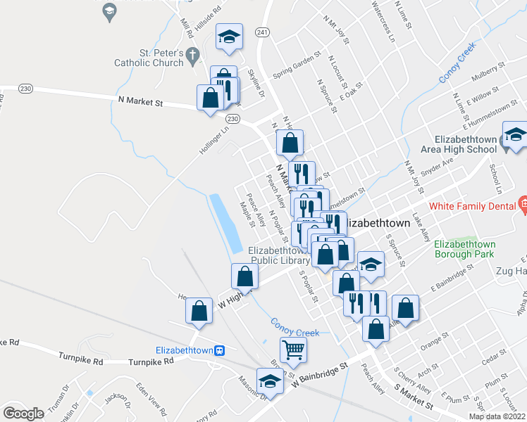 map of restaurants, bars, coffee shops, grocery stores, and more near 154 North Poplar Street in Elizabethtown