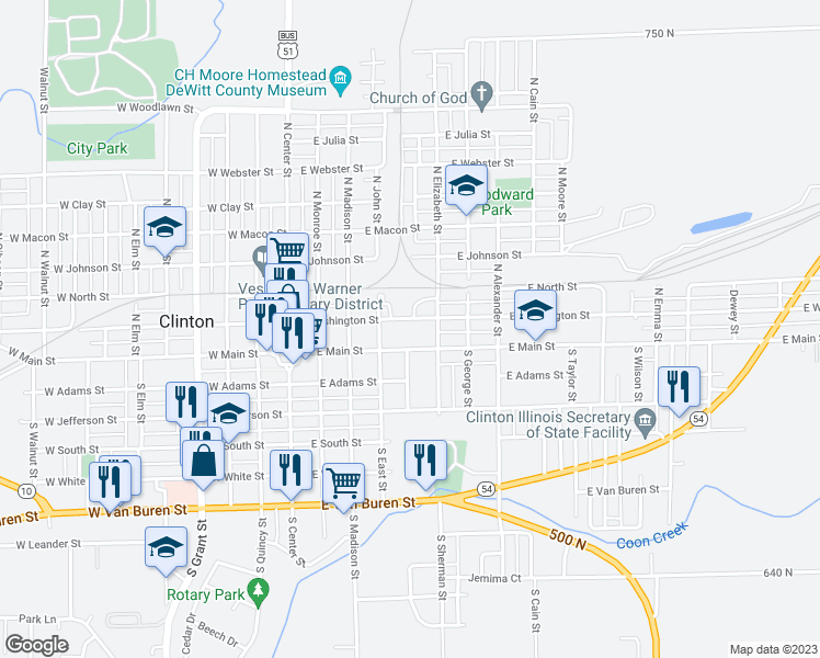 map of restaurants, bars, coffee shops, grocery stores, and more near 502 East Washington Street in Clinton