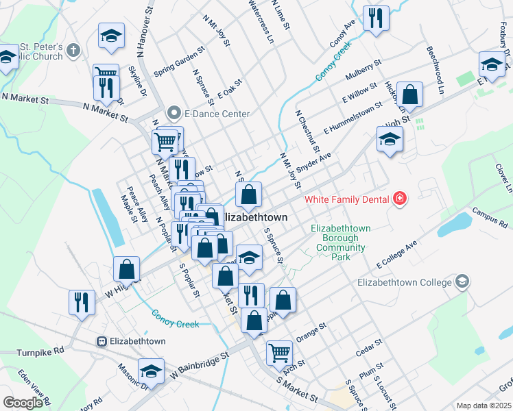 map of restaurants, bars, coffee shops, grocery stores, and more near 17 N Spruce St in Elizabethtown