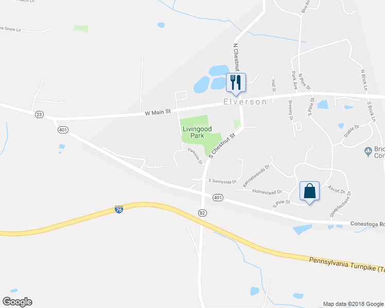 map of restaurants, bars, coffee shops, grocery stores, and more near 13 Parkside Drive in Elverson