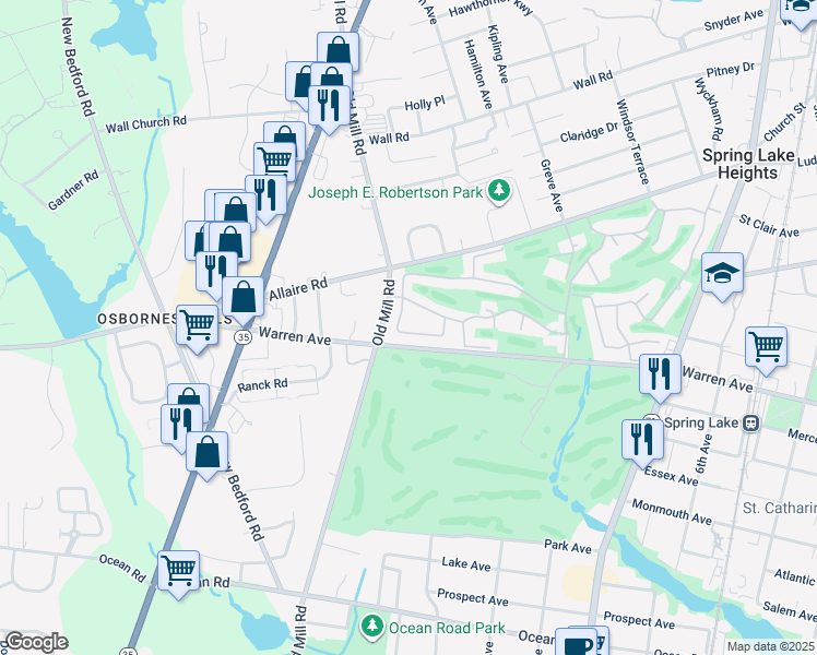 map of restaurants, bars, coffee shops, grocery stores, and more near 38 Apple Drive in Spring Lake