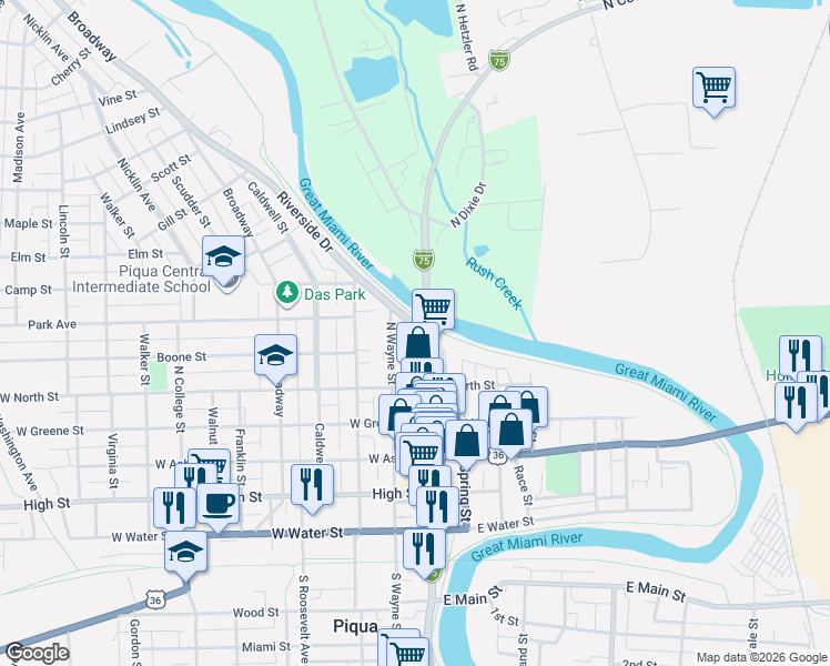 map of restaurants, bars, coffee shops, grocery stores, and more near 107 Riverside Drive in Piqua