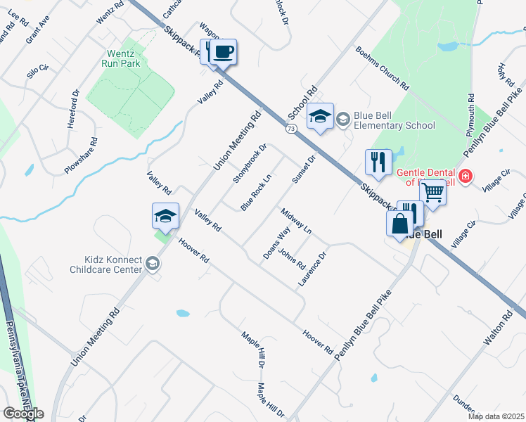 map of restaurants, bars, coffee shops, grocery stores, and more near 1029 Sunset Drive in Blue Bell