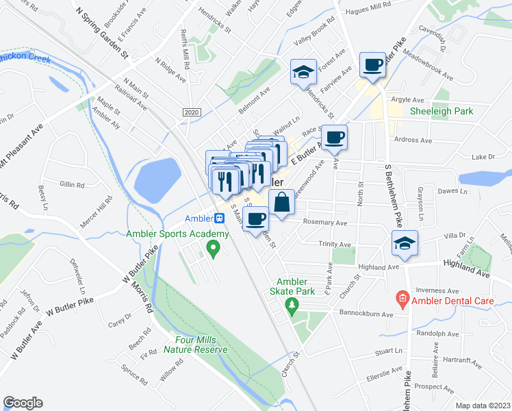 map of restaurants, bars, coffee shops, grocery stores, and more near 17 South Spring Garden Street in Ambler