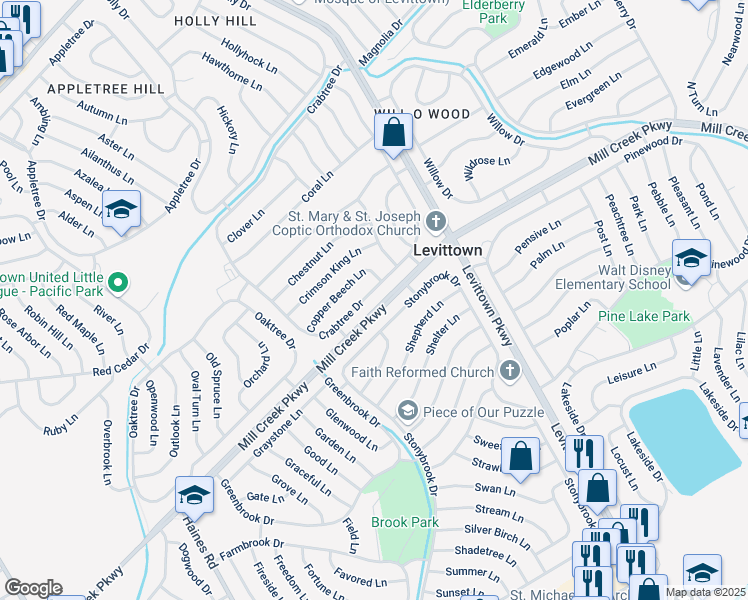 map of restaurants, bars, coffee shops, grocery stores, and more near 161 Crabtree Drive in Levittown