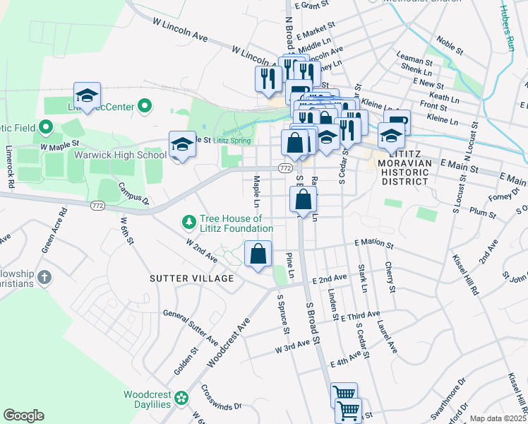 map of restaurants, bars, coffee shops, grocery stores, and more near 152 South Spruce Street in Lititz