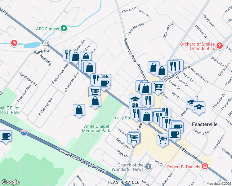 map of restaurants, bars, coffee shops, grocery stores, and more near 1014 Hoover Avenue in Feasterville-Trevose
