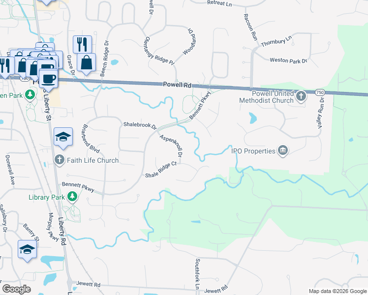 map of restaurants, bars, coffee shops, grocery stores, and more near 208 Aspenknoll Drive in Powell