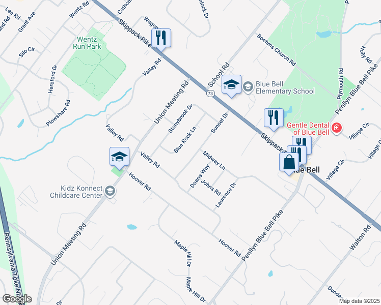 map of restaurants, bars, coffee shops, grocery stores, and more near 1029 Sunset Drive in Blue Bell