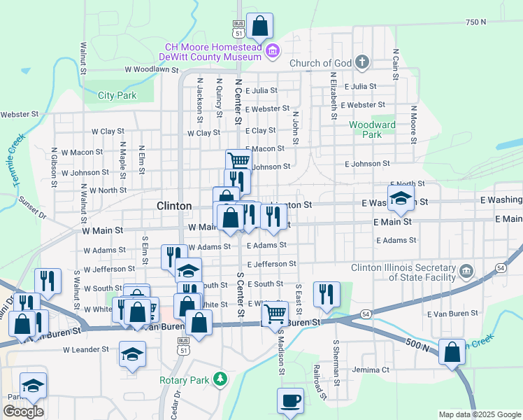 map of restaurants, bars, coffee shops, grocery stores, and more near 202 East Washington Street in Clinton