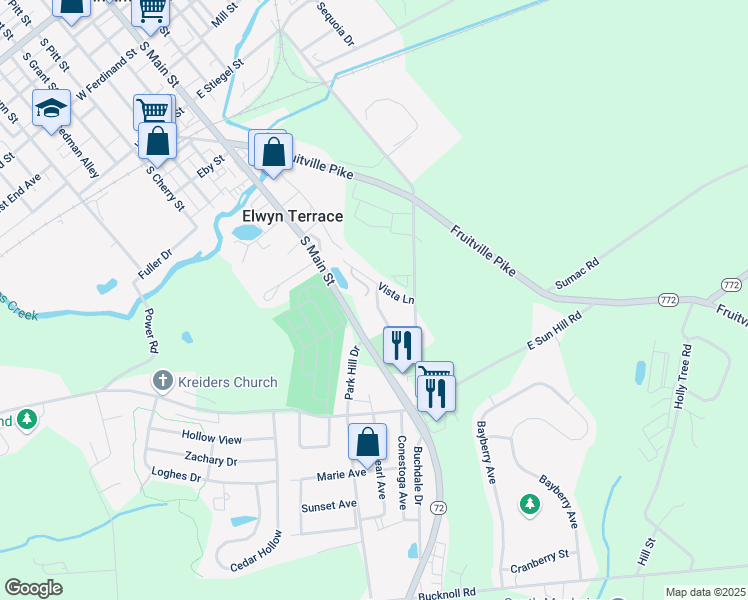 map of restaurants, bars, coffee shops, grocery stores, and more near 20 Parkside Drive in Manheim