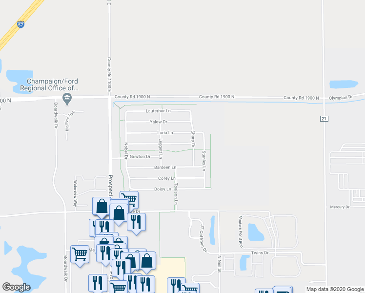 map of restaurants, bars, coffee shops, grocery stores, and more near 503 Krebs Drive in Champaign