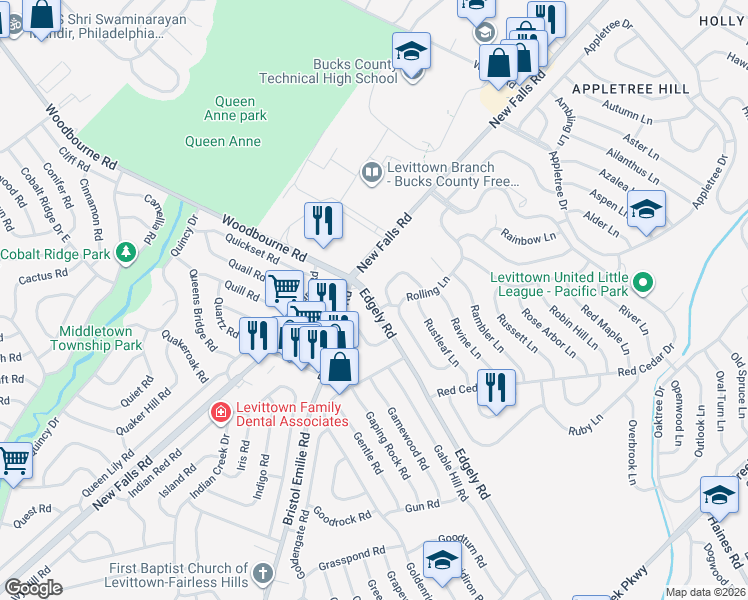 map of restaurants, bars, coffee shops, grocery stores, and more near 5 Return Lane in Levittown