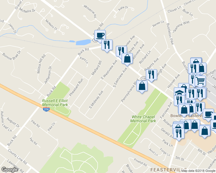map of restaurants, bars, coffee shops, grocery stores, and more near 100 South Midway Avenue in Feasterville-Trevose