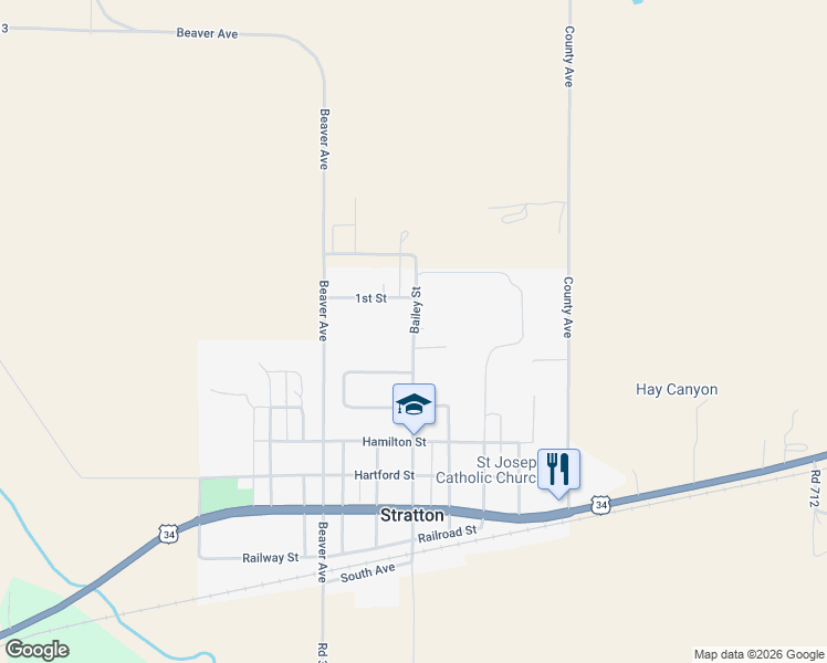 map of restaurants, bars, coffee shops, grocery stores, and more near 800 Bailey Street in Stratton