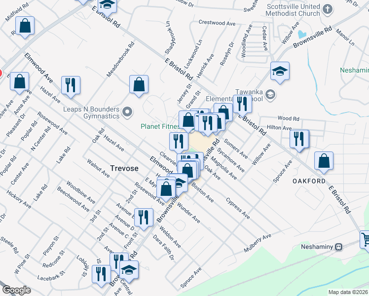 map of restaurants, bars, coffee shops, grocery stores, and more near 515 Andrews Road in Feasterville-Trevose