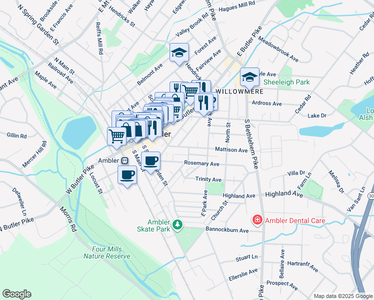 map of restaurants, bars, coffee shops, grocery stores, and more near 138 Mattison Avenue in Ambler