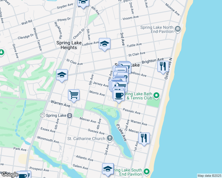 map of restaurants, bars, coffee shops, grocery stores, and more near 315 Jersey Avenue in Spring Lake