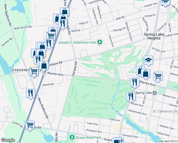 map of restaurants, bars, coffee shops, grocery stores, and more near 3 Apple Drive in Spring Lake
