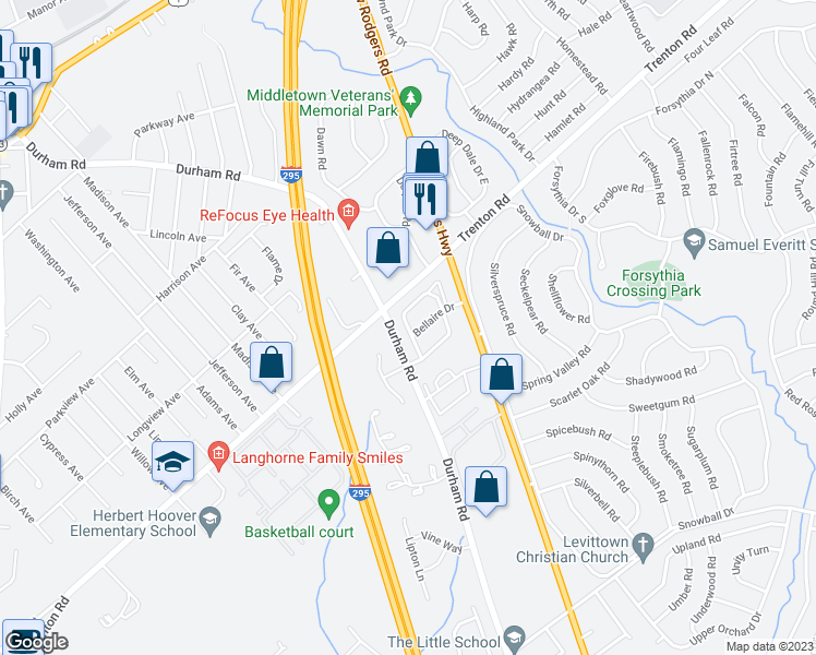 map of restaurants, bars, coffee shops, grocery stores, and more near 139 Sandybrook Drive in Langhorne