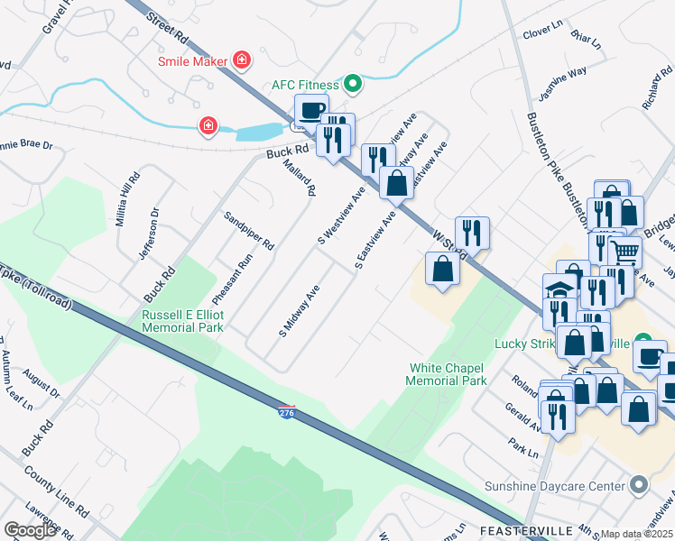 map of restaurants, bars, coffee shops, grocery stores, and more near 100 South Midway Avenue in Feasterville-Trevose