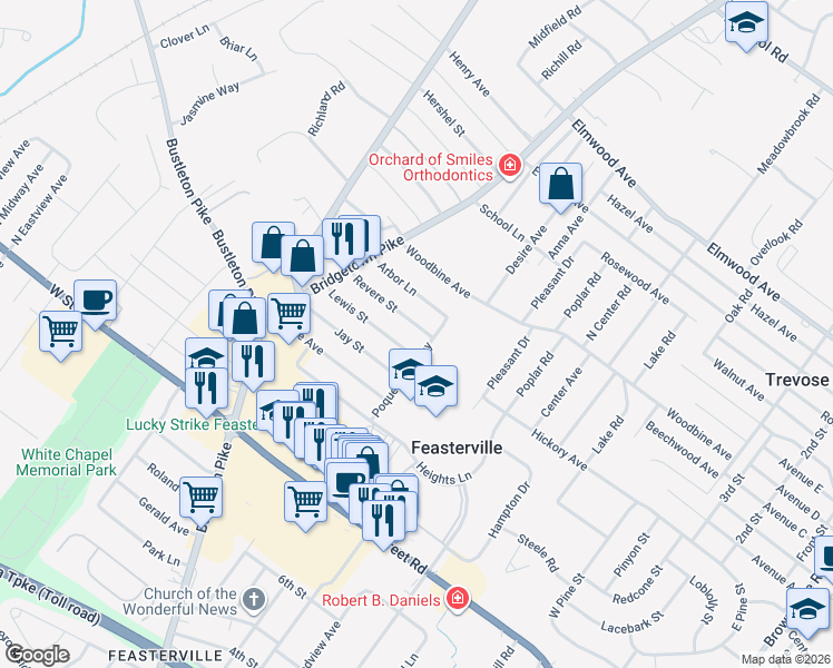 map of restaurants, bars, coffee shops, grocery stores, and more near 43 Revere Street in Feasterville-Trevose