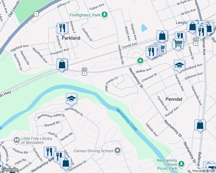map of restaurants, bars, coffee shops, grocery stores, and more near 686 High Pointe Circle in Langhorne