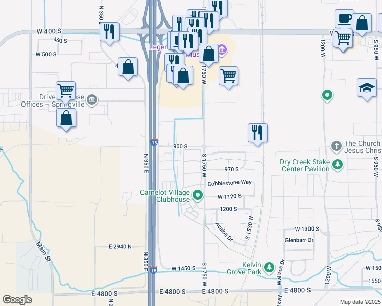 map of restaurants, bars, coffee shops, grocery stores, and more near 1821 South Stonehedge Way in Springville